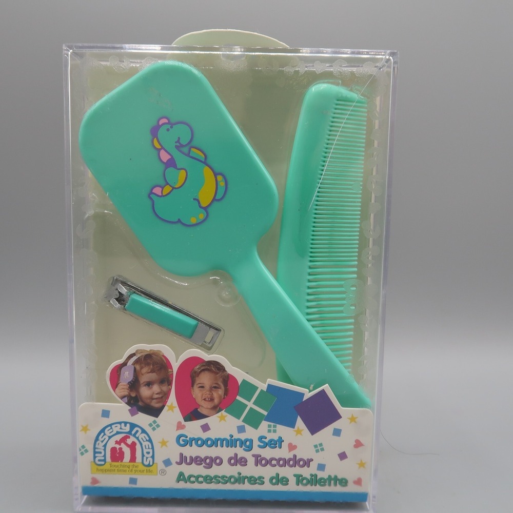 Vintage Child Green Dinosaur Vanity Set Comb Brush Nail Clipper Grooming Set
